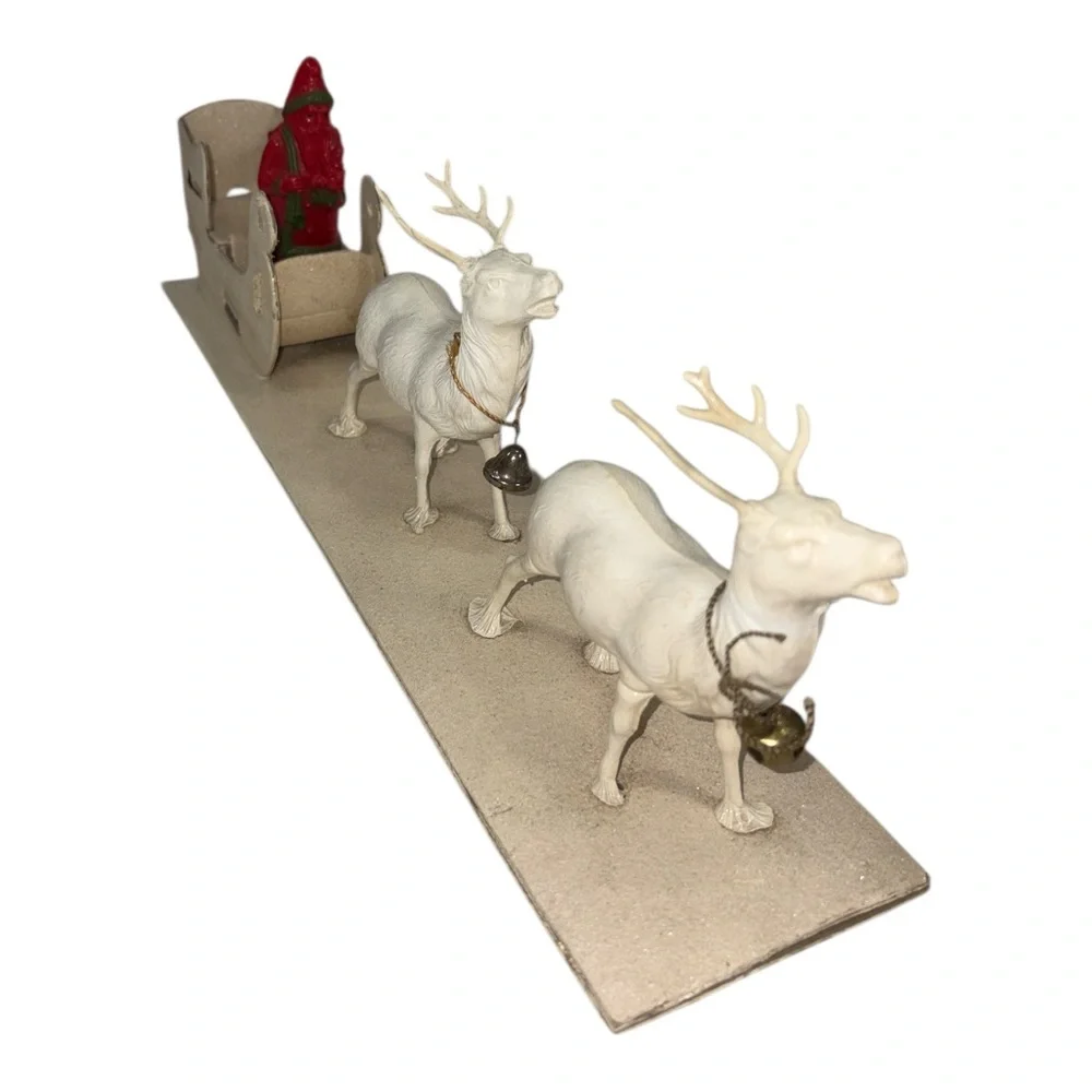 Vtg Paper Mache Cardboard Sleigh Celluloid Reindeer Plastic Santa Christmas Mica